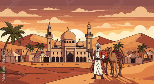 Man in traditional clothing with camels in desert landscape.