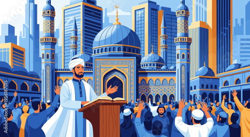 Man in traditional Islamic attire delivering a speech.