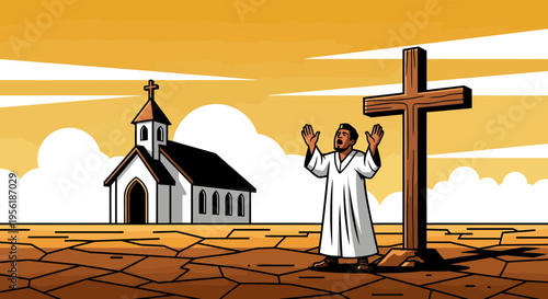 Man in white robe praying at a large wooden cross.