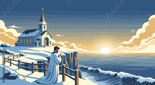 Man in white robe praying by the sea.