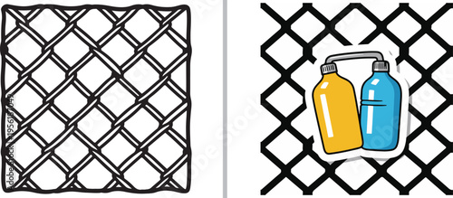 Vector illustration featuring a black and white chain-link fence texture next to a sticker of two connected yellow and blue bottles overlaid on a diamond mesh background.