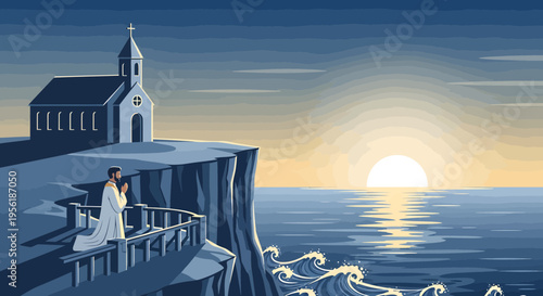 Man in white robe standing on cliff overlooking ocean.