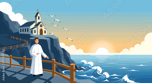Man in white robe standing by the sea.