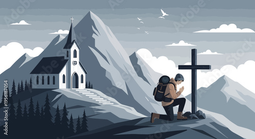 Man Kneeling Praying Cross Mountain Summit.