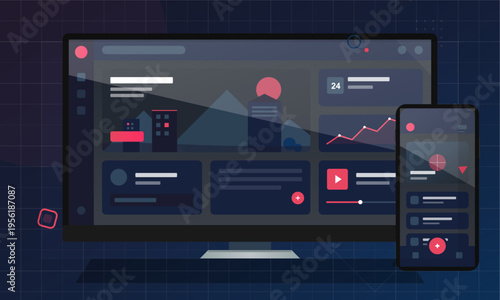 Computer Monitor and Smartphone Dark UI