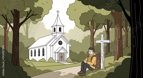 Man sitting by cross near church in forest.
