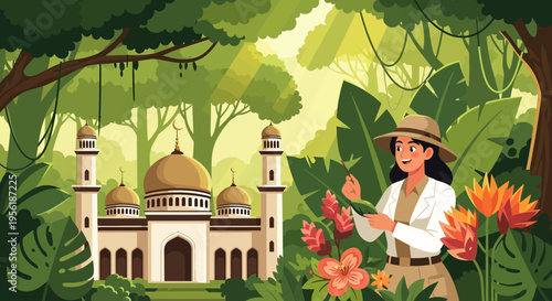 Woman Explorer Discovering Exotic Flowers in Lush Jungle.