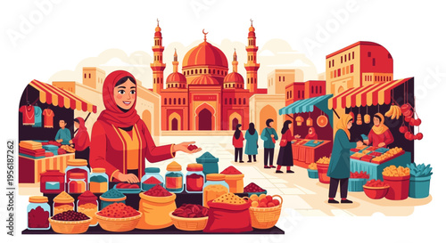 Woman selling spices at a vibrant Middle Eastern market stall.
