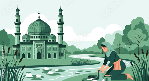 Woman washing clothes by river near mosque.