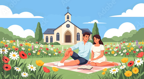 Young couple enjoying a peaceful moment together outdoors.