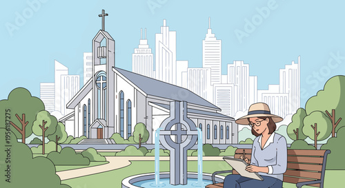 Woman reading a book in a park near a church.