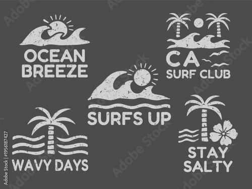 Textured vector surf graphics set with waves, palm trees, sun and beach elements. Summer ocean illustrations for t-shirt prints, posters, stickers and apparel design