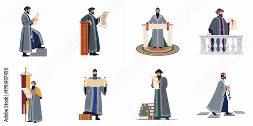 Flat Vector Illustrations of Medieval Scribes and Scholars with Scrolls and Books in Various Poses for Historical and Educational Projects