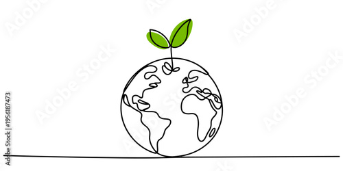 Minimalist continuous line drawing of planet earth with a small green sprout growing on the top Vector, illustration