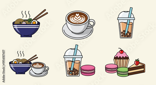 Delightful assortment of popular food and beverage illustrations featuring steaming ramen, elegant latte art