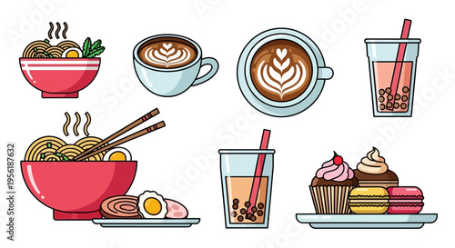 Delicious Food and Drinks Vector Graphics Ramen, Coffee, Bubble Tea, and Desserts