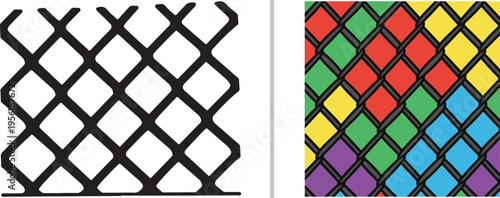 Vector set featuring a bold black diamond mesh pattern and a vibrant multicolor grid. These geometric net designs are ideal for industrial backgrounds, creative textures, or safety icons.