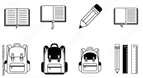 Minimalist black and white vector icons for school and education supplies.