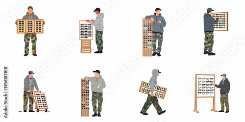 Collection of flat vector illustrations depicting a male street vendor selling various styles of sunglasses in different poses and setups