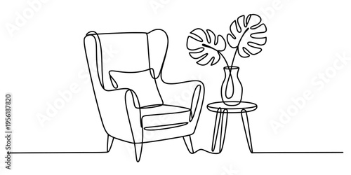 Minimalist continuous line drawing of a comfortable wingback armchair next to a small side table Vector, illustration