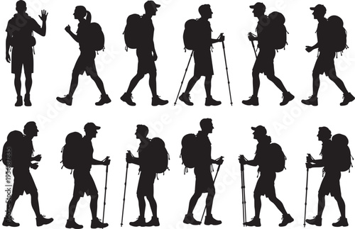 Silhouettes of twelve hikers with backpacks and trekking poles in various walking and standing poses, symbolizing outdoor adventure, trekking, fitness, and nature exploration illustration.