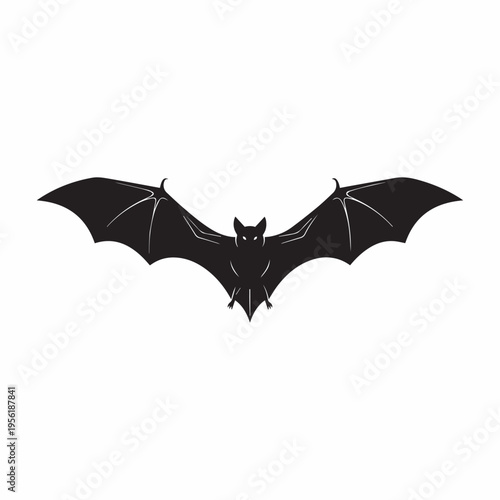 Silhouette of a flying bat with extended wings against a plain background