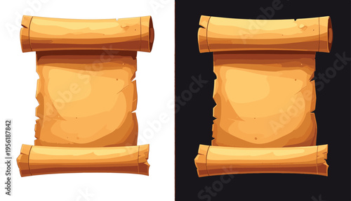 Vintage Scroll Illustration: Detailed digital illustration showcasing an ancient, rolled-up parchment scroll with an aged paper texture, evoking history and mystery.