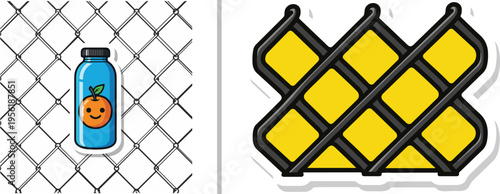 Vector graphic featuring a blue orange juice bottle sticker against a chain-link fence background, paired with a yellow diamond-patterned security fence icon.