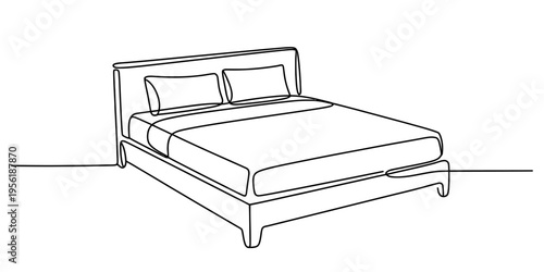 Minimalist continuous line drawing of a double bed with two pillows on a clean white background Vector, illustration