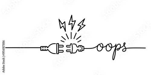 A minimalist line art illustration featuring a disconnected electrical plug and the word oops Vector, illustration