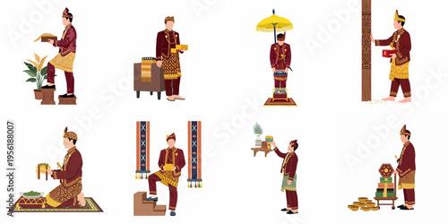 Flat Illustration Collection of Malay Grooms Performing Traditional Wedding Customs and Rituals in Maroon Traditional Attire