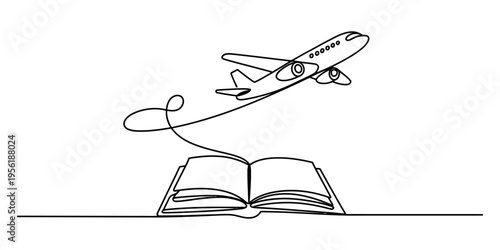 A conceptual continuous line drawing of an airplane taking flight from an open reading book page Vector, illustration