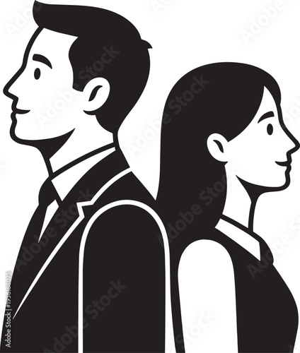 Stylized black and white silhouette illustration of two individuals standing back-to-back, symbolizing contrast, partnership, teamwork, gender representation, balance, and duality in modern 