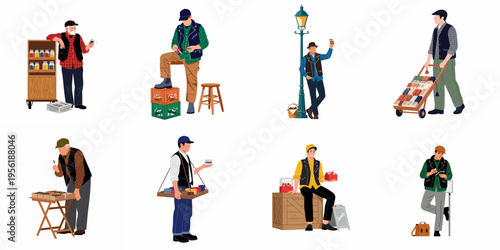 Flat vector collection of vintage male street vendors and traders selling various goods like sweets, toys, and jars.
