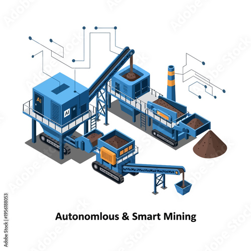 Foto Isometric illustration of an autonomous and smart mining operation with conveyor belts, processing units, and digital network connections, symbolizing advanced industrial automation