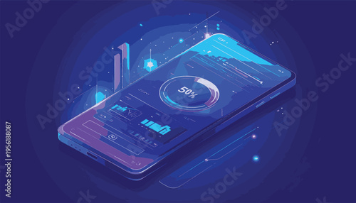Futuristic Smartphone Display: A cutting-edge smartphone, displaying an intricate interface, illuminated by a dynamic and vibrant blue palette, hinting at technological innovation.