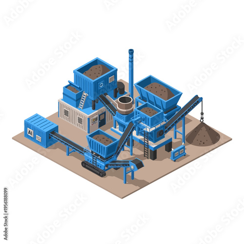 Isometric illustration of a modern industrial crushing and screening plant for processing raw materials.