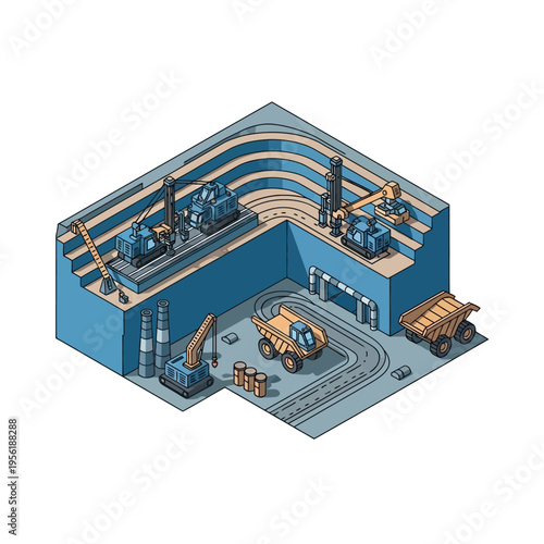 Isometric illustration of an open-pit mine with heavy machinery, including excavators, dump trucks, and drilling rigs, showcasing the extraction process.