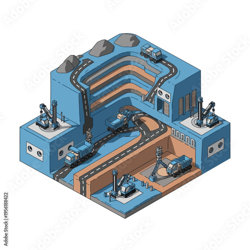 Isometric illustration of an open-pit mine with trucks, excavators, and conveyor belts, showcasing the extraction and transportation of materials.