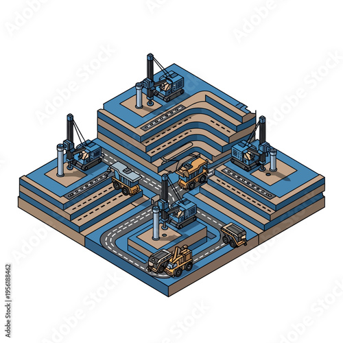 Isometric illustration of an open-pit mine with excavators, trucks, and drilling equipment on tiered levels.
