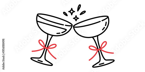 A simple black and white line art illustration of two champagne flutes clinking for celebration Vector, illustration