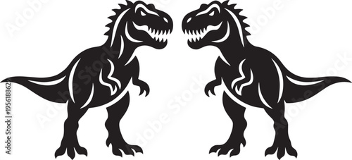 Symmetrical black silhouettes of Tyrannosaurus rex dinosaurs facing each other with sharp teeth, muscular limbs, and bold graphic design perfect for logos, tattoos, and decorative artwork.