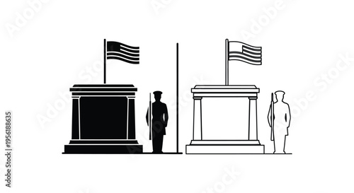 Soldier guarding flag monument black and white vector