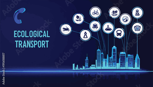 Ecological Transport Concept: An artistic representation of a city skyline with interconnected ecological transport icons, symbolizing a sustainable urban future.