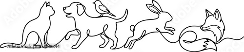 Continuous one line drawing of cute pets and wild animals including cat dog bird rabbit and fox