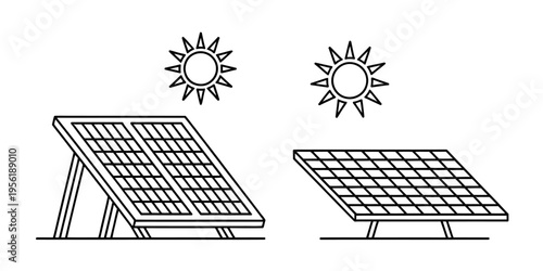 A simple black and white line art illustration showing two different solar panel array configurations Vector, illustration