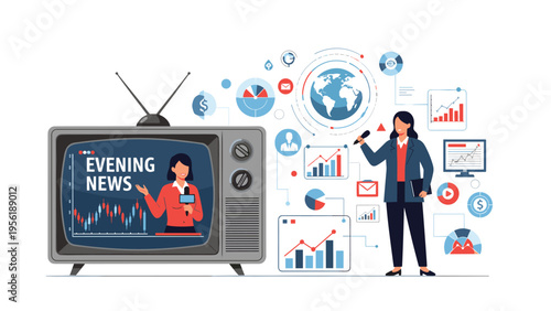 Professional news anchor presents evening broadcast on vintage television and modern digital screen with financial infographics and data.