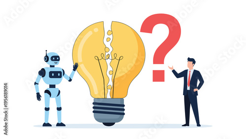 Humanoid robot and businessman contemplate broken lightbulb with large question mark symbolizing innovation failure and problem solving.