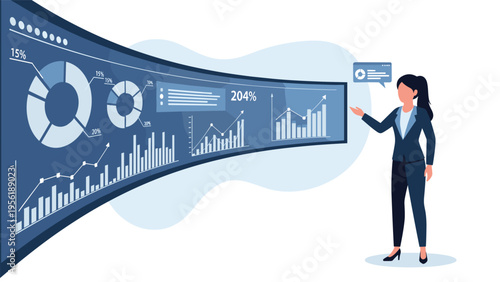 Female business executive presents financial performance data on large curved digital screen with various charts and market analytics.