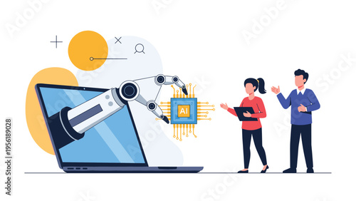 Advanced robotic arm emerges from laptop screen to showcase artificial intelligence chip to interested business professionals.